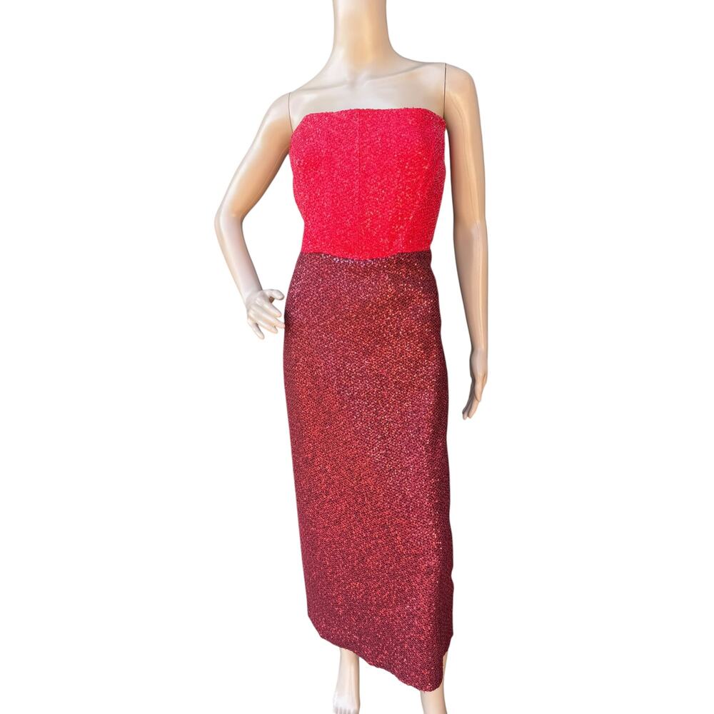St. John Fall 2022 Red Sequin Strapless Midi Dress Gown Sz 12 Sweetheart Boning